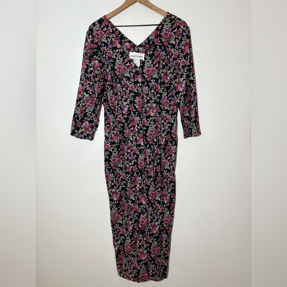 VTG Young Edwardian Cottage Floral Maxi  Dress 3/4 Sleeve Floral Prairie Sz 13